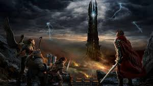 Un groupe d’aventuriers armés observe une haute tour sombre illuminée d’un œil brillant au milieu d’un paysage orageux et menaçant.